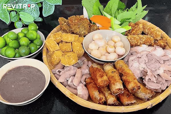 Bun dau mam tom (rice noodles with tofu and shrimp paste) with its unique flavors.