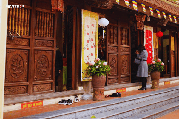 Shoes-off area at a Hanoi temple worship hall