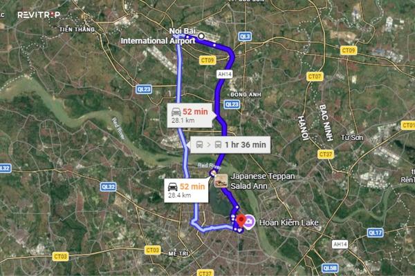 Location map of Silk Path Hotel Hanoi showing route from Noi Bai Airport to Old Quarter