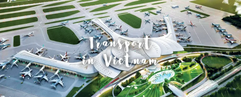 Transport in Vietnam showing trains, buses, and motorbikes