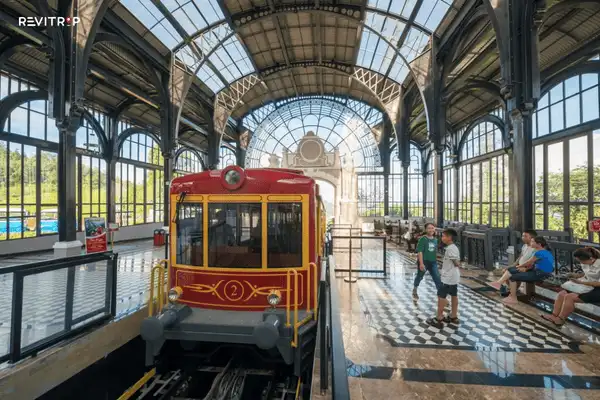 Muong Hoa mountain train at Sun Plaza Sapa first floor station ready to depart toward Fansipan Legend cable car