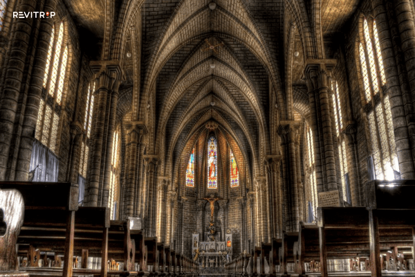 Sapa church interior stained glass arched vaults 