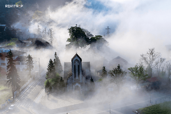 Sapa Church in winter with morning mist