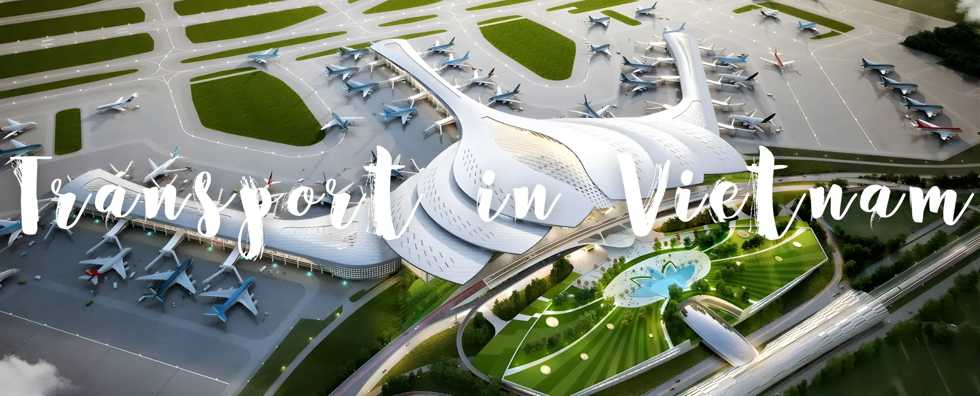 Transport in Vietnam showing trains, buses, and motorbikes